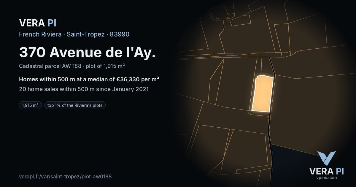 370 Avenue de l'Ay, Saint-Tropez at night – the plot lit, the parcels around coloured by the prices near them