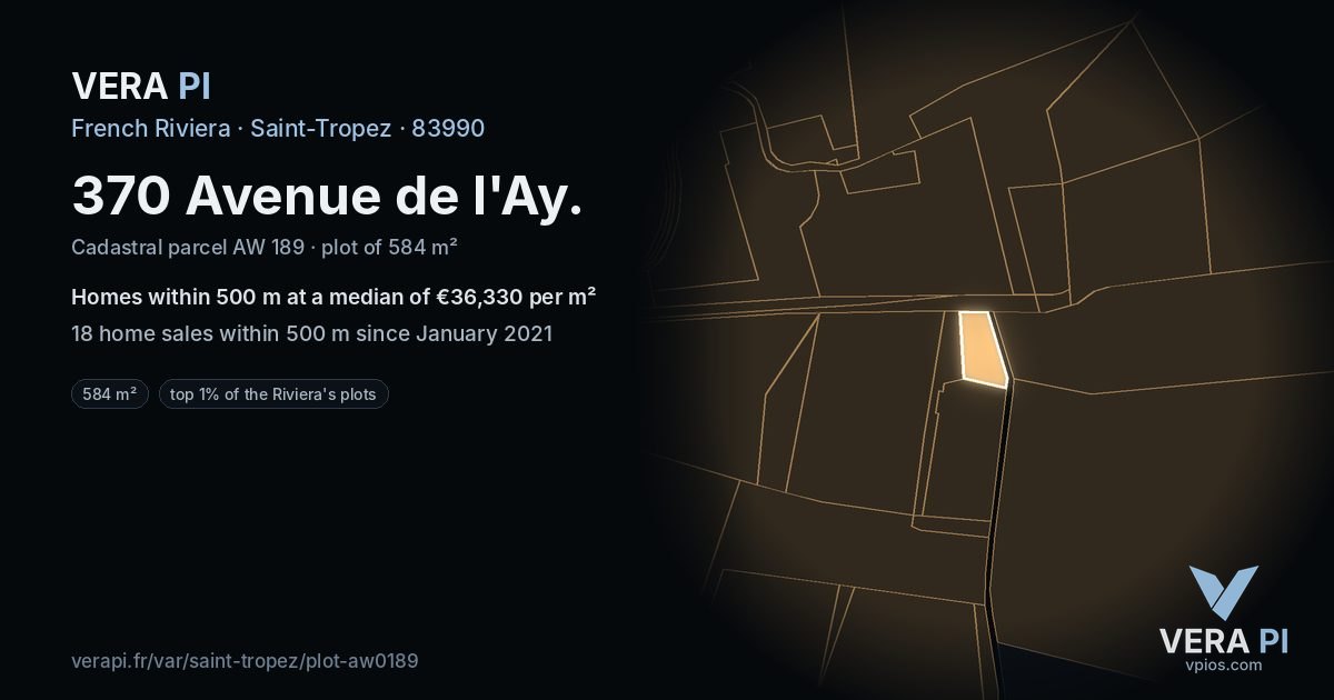 370 Avenue de l'Ay, Saint-Tropez at night – the plot lit, the parcels around coloured by the prices near them