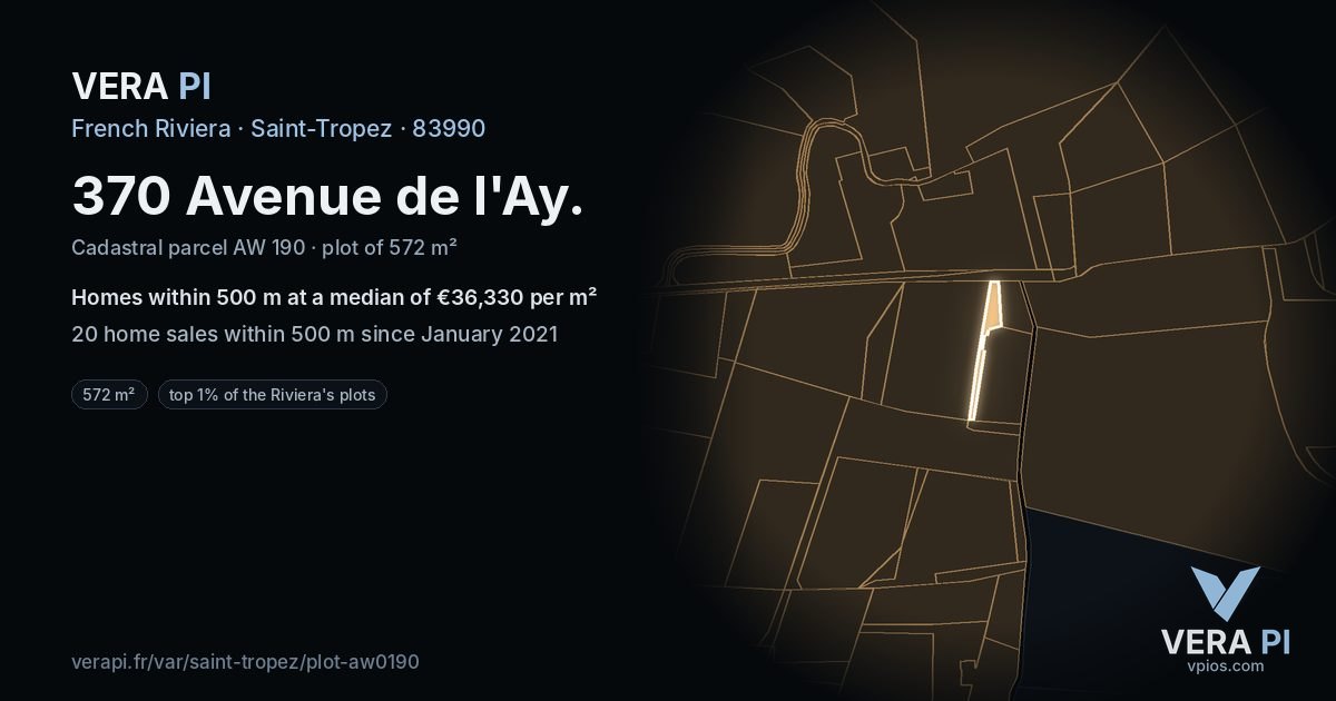 370 Avenue de l'Ay, Saint-Tropez at night – the plot lit, the parcels around coloured by the prices near them