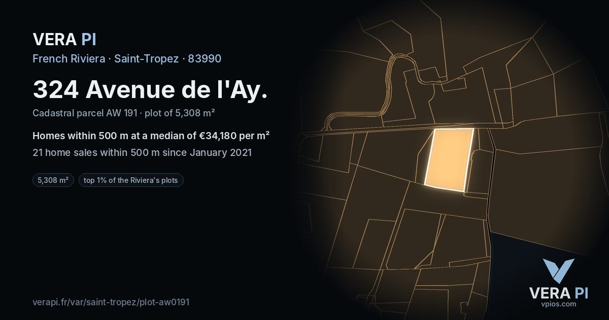 324 Avenue de l'Ay, Saint-Tropez at night – the plot lit, the parcels around coloured by the prices near them