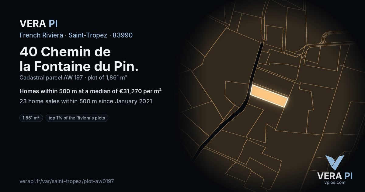 40 Chemin de la Fontaine du Pin, Saint-Tropez at night – the plot lit, the parcels around coloured by the prices near them