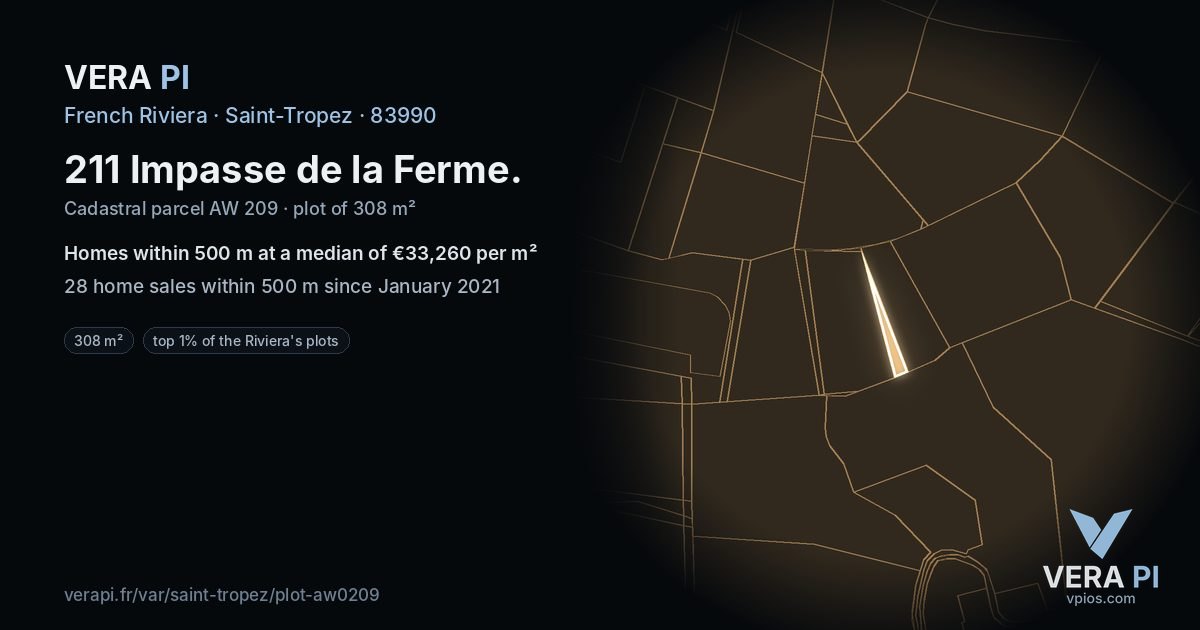 211 Impasse de la Ferme, Saint-Tropez at night – the plot lit, the parcels around coloured by the prices near them