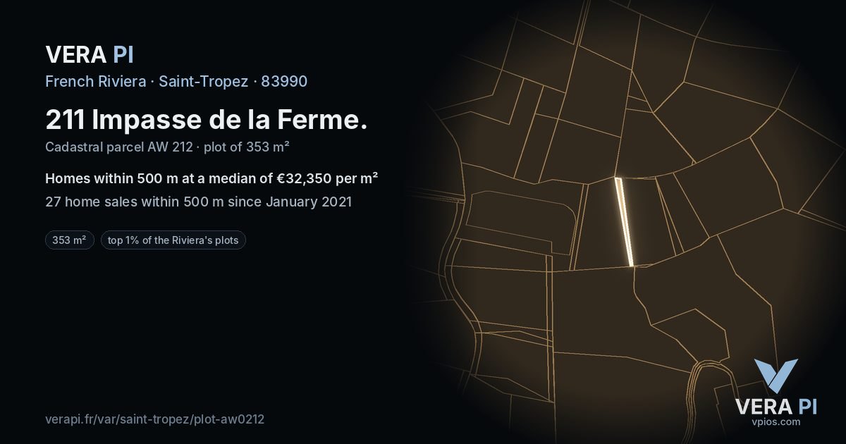 211 Impasse de la Ferme, Saint-Tropez at night – the plot lit, the parcels around coloured by the prices near them