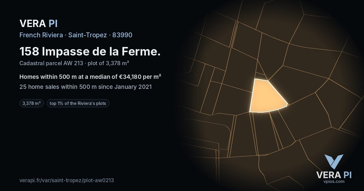 158 Impasse de la Ferme, Saint-Tropez at night – the plot lit, the parcels around coloured by the prices near them