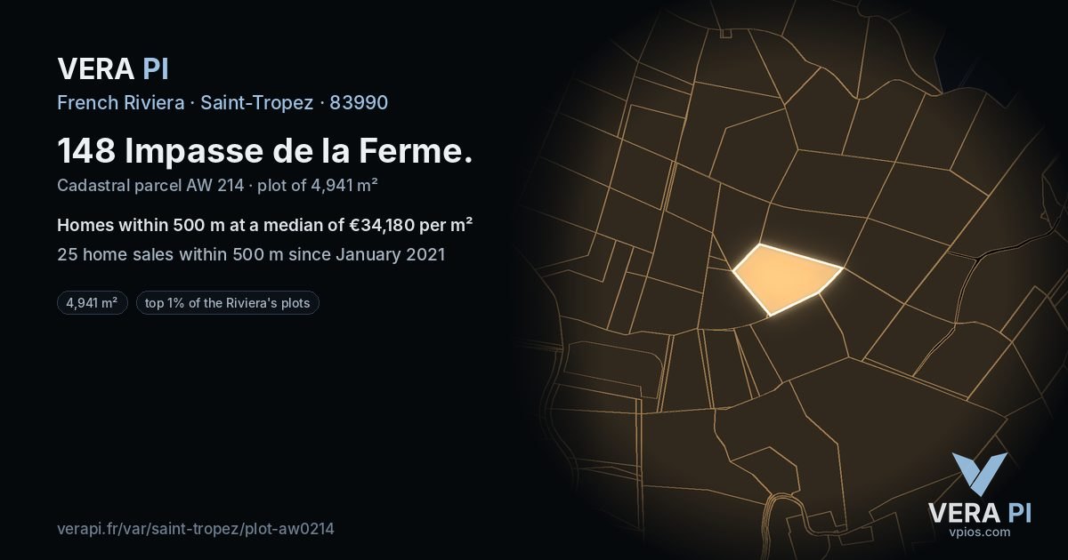 148 Impasse de la Ferme, Saint-Tropez at night – the plot lit, the parcels around coloured by the prices near them