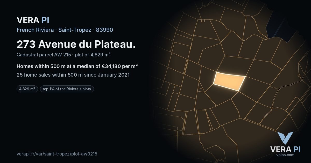 273 Avenue du Plateau, Saint-Tropez at night – the plot lit, the parcels around coloured by the prices near them