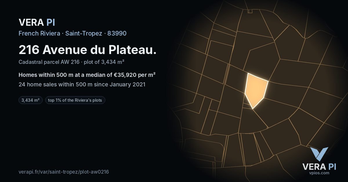 216 Avenue du Plateau, Saint-Tropez at night – the plot lit, the parcels around coloured by the prices near them