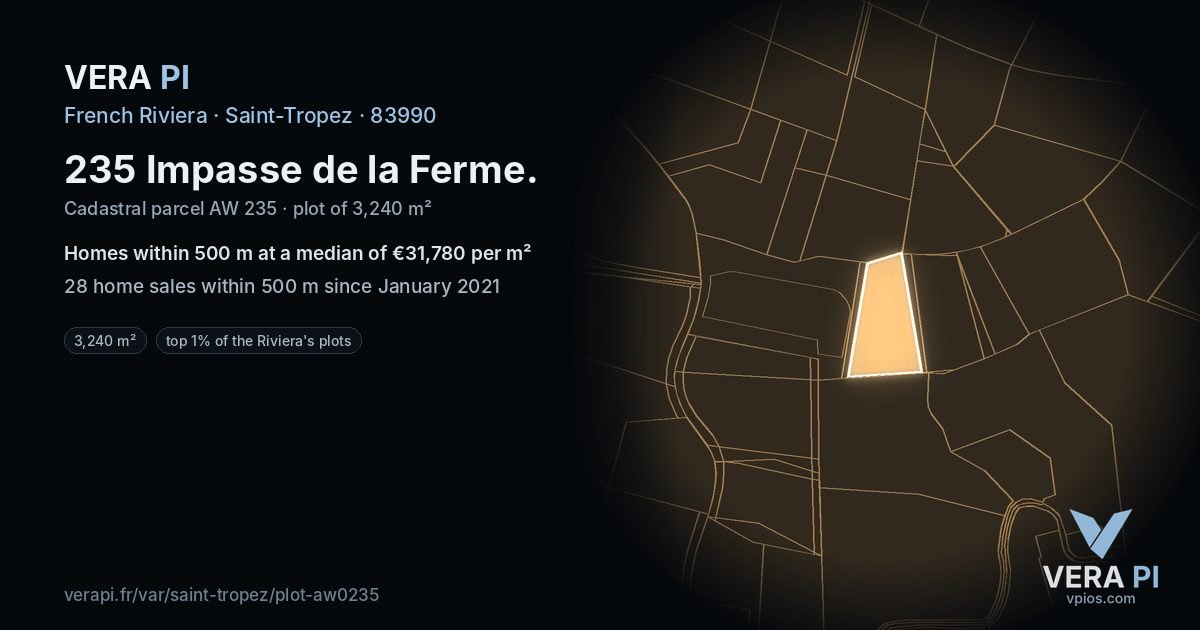 235 Impasse de la Ferme, Saint-Tropez at night – the plot lit, the parcels around coloured by the prices near them