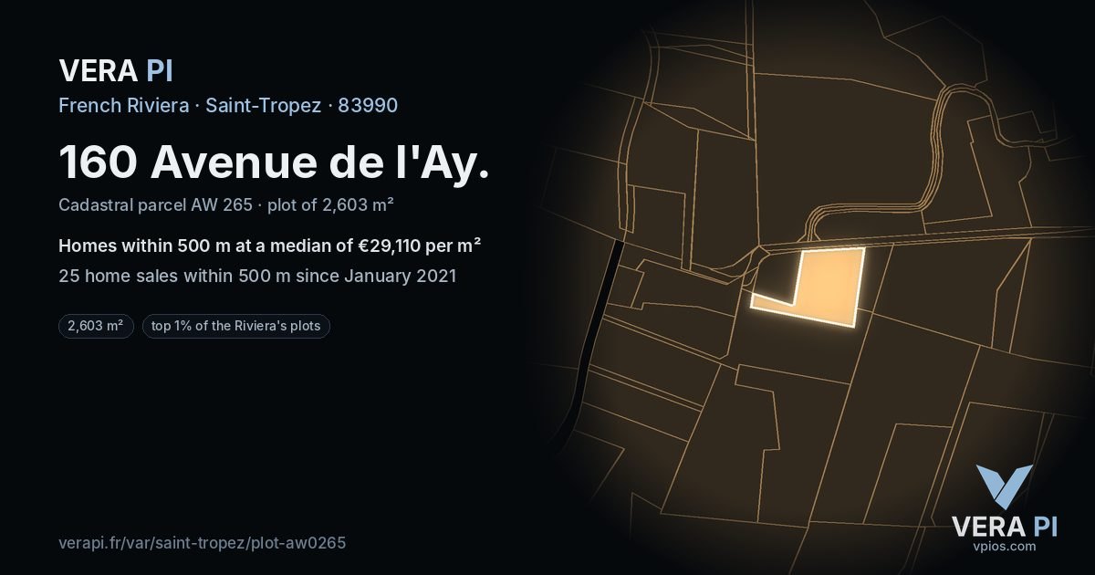 160 Avenue de l'Ay, Saint-Tropez at night – the plot lit, the parcels around coloured by the prices near them