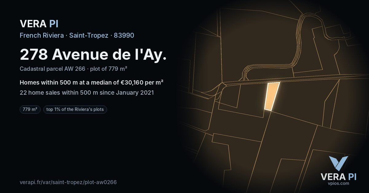 278 Avenue de l'Ay, Saint-Tropez at night – the plot lit, the parcels around coloured by the prices near them
