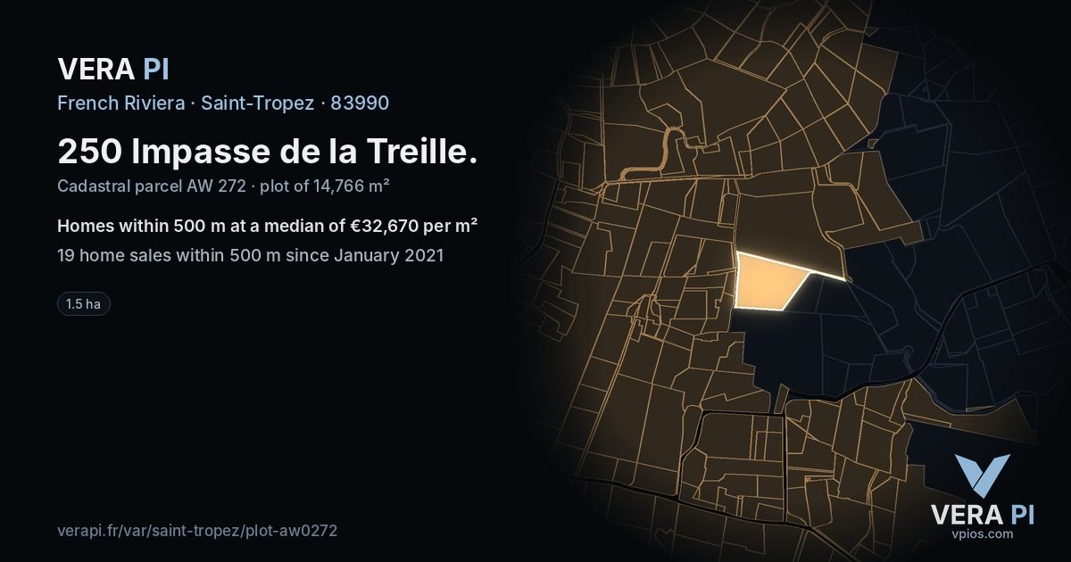 250 Impasse de la Treille, Saint-Tropez at night – the plot lit, the parcels around coloured by the prices near them
