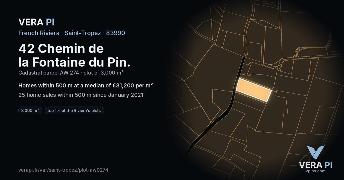 42 Chemin de la Fontaine du Pin, Saint-Tropez at night – the plot lit, the parcels around coloured by the prices near them