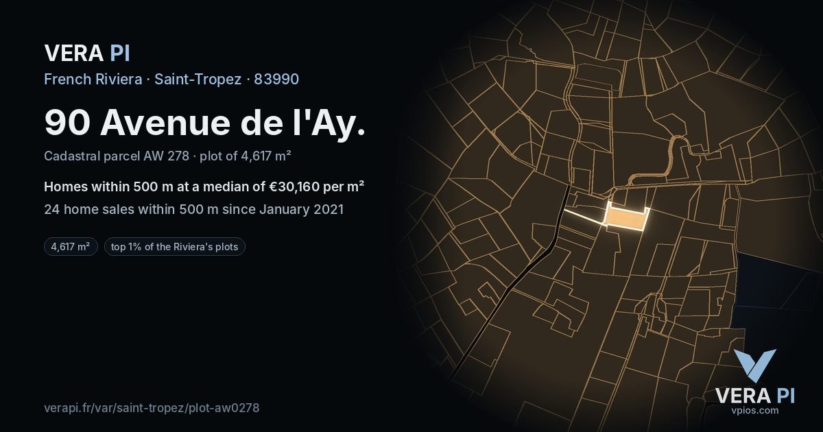 90 Avenue de l'Ay, Saint-Tropez at night – the plot lit, the parcels around coloured by the prices near them