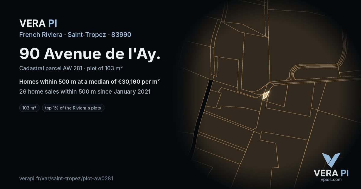 90 Avenue de l'Ay, Saint-Tropez at night – the plot lit, the parcels around coloured by the prices near them