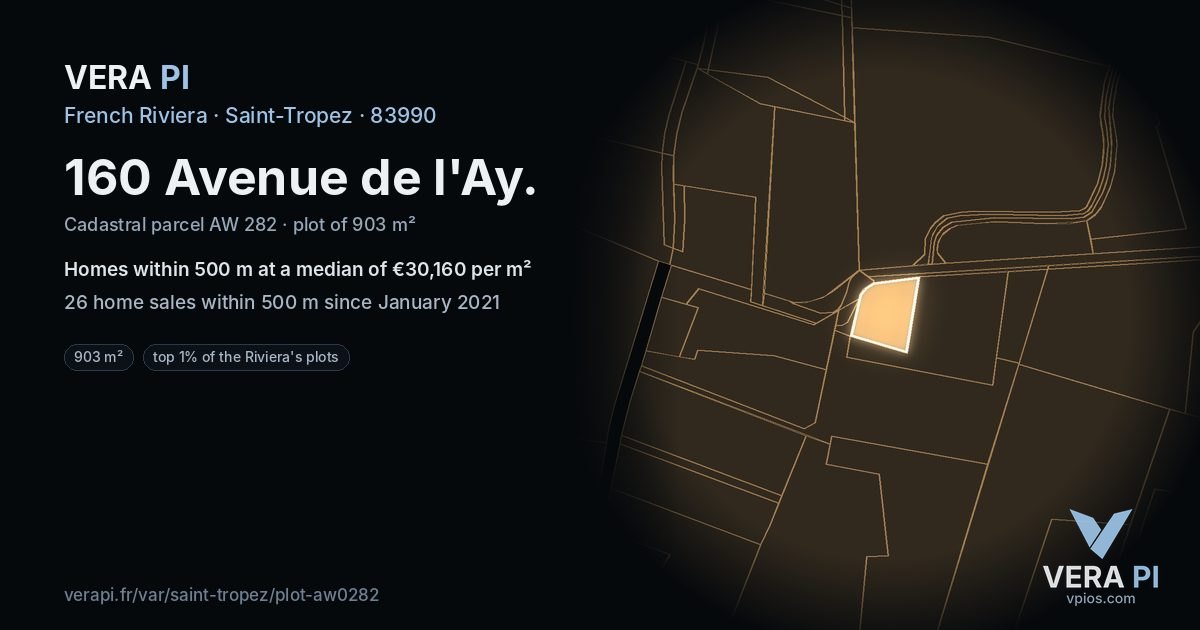 160 Avenue de l'Ay, Saint-Tropez at night – the plot lit, the parcels around coloured by the prices near them