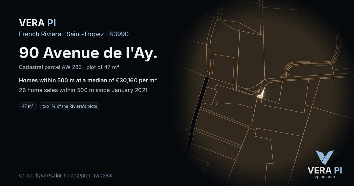 90 Avenue de l'Ay, Saint-Tropez at night – the plot lit, the parcels around coloured by the prices near them