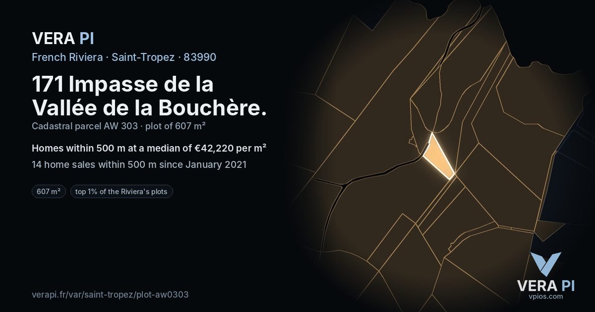 171 Impasse de la Vallée de la Bouchère, Saint-Tropez at night – the plot lit, the parcels around coloured by the prices near them
