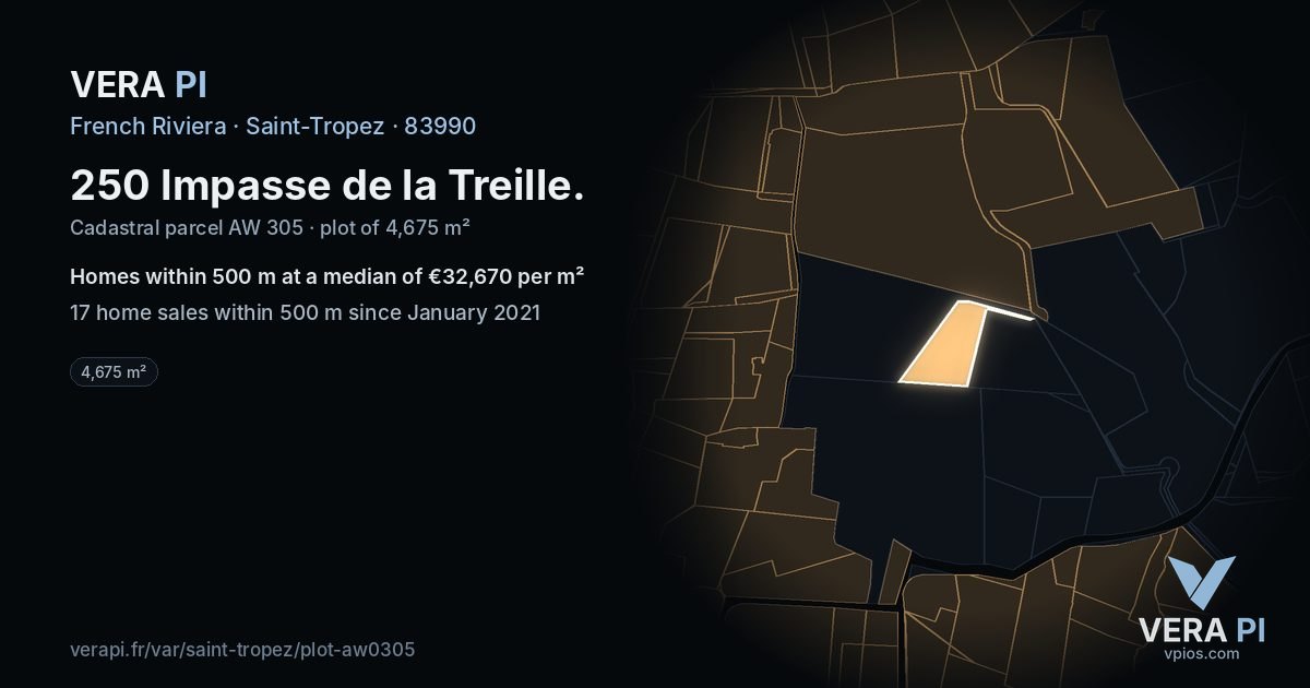 250 Impasse de la Treille, Saint-Tropez at night – the plot lit, the parcels around coloured by the prices near them