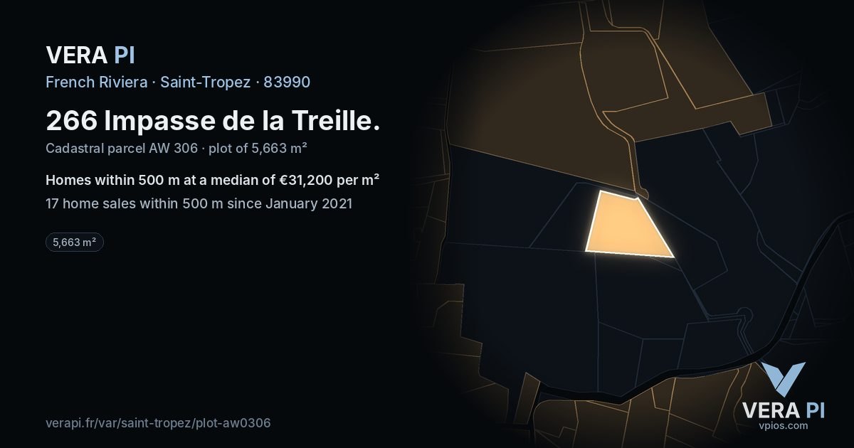 266 Impasse de la Treille, Saint-Tropez at night – the plot lit, the parcels around coloured by the prices near them