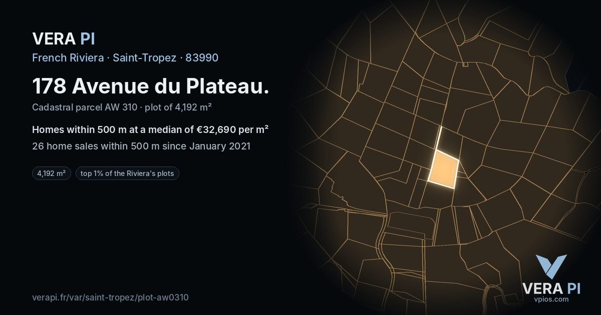 178 Avenue du Plateau, Saint-Tropez at night – the plot lit, the parcels around coloured by the prices near them
