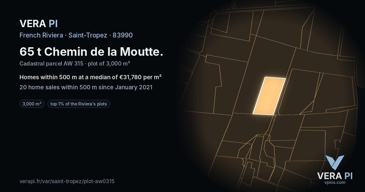 65 t Chemin de la Moutte, Saint-Tropez at night – the plot lit, the parcels around coloured by the prices near them
