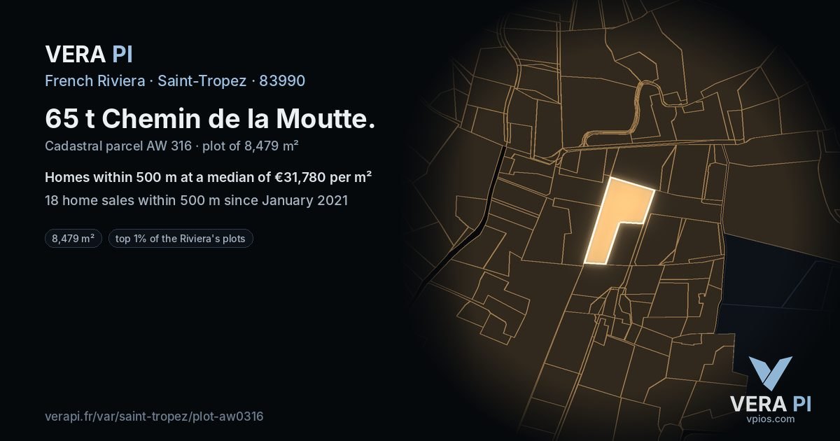 65 t Chemin de la Moutte, Saint-Tropez at night – the plot lit, the parcels around coloured by the prices near them