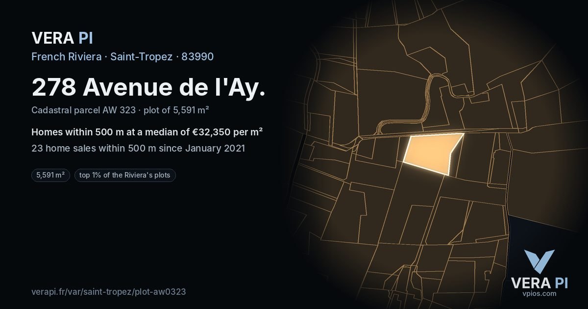 278 Avenue de l'Ay, Saint-Tropez at night – the plot lit, the parcels around coloured by the prices near them
