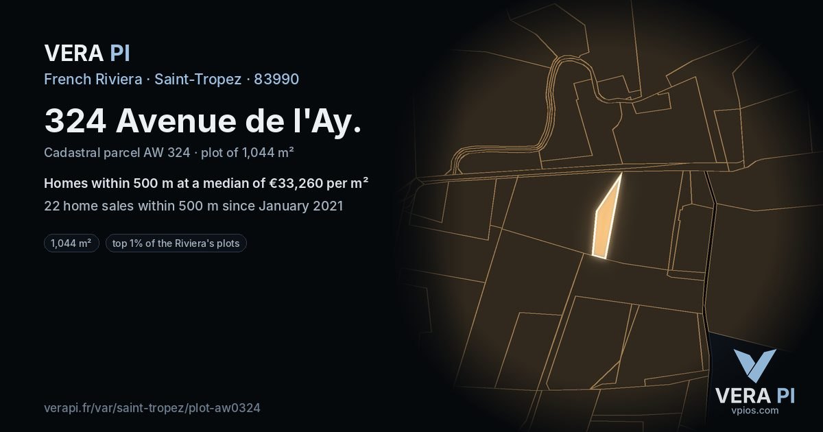 324 Avenue de l'Ay, Saint-Tropez at night – the plot lit, the parcels around coloured by the prices near them