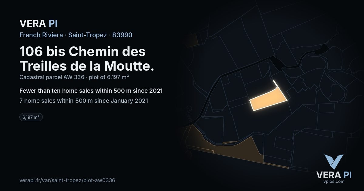 106 bis Chemin des Treilles de la Moutte, Saint-Tropez at night – the plot lit, the parcels around coloured by the prices near them