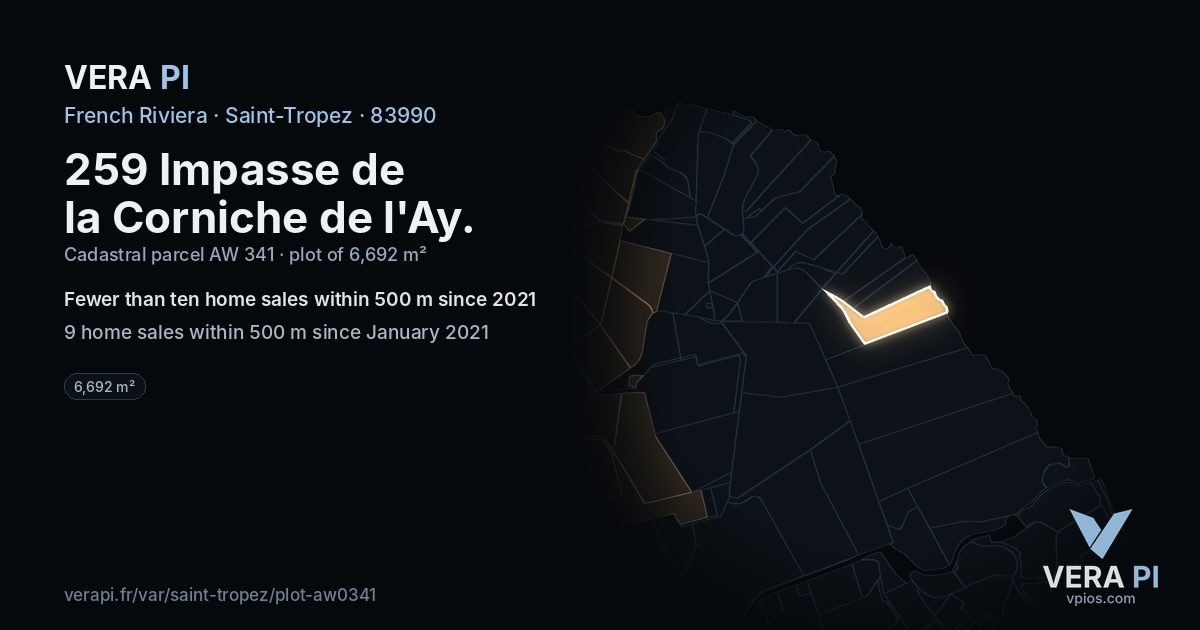 259 Impasse de la Corniche de l'Ay, Saint-Tropez at night – the plot lit, the parcels around coloured by the prices near them