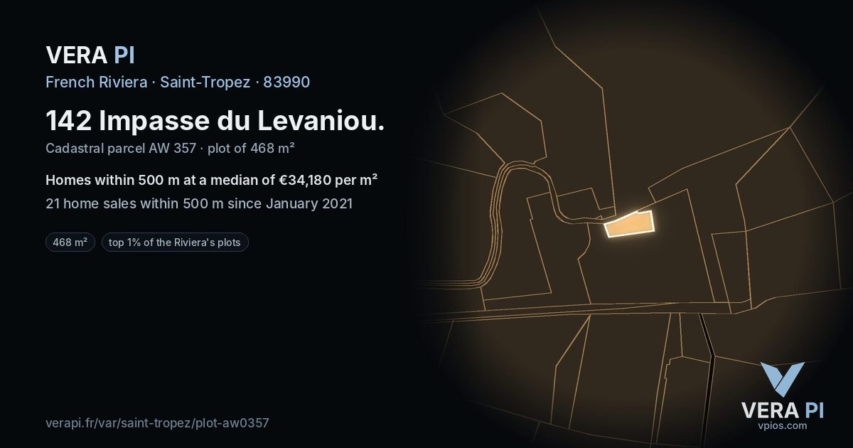 142 Impasse du Levaniou, Saint-Tropez at night – the plot lit, the parcels around coloured by the prices near them