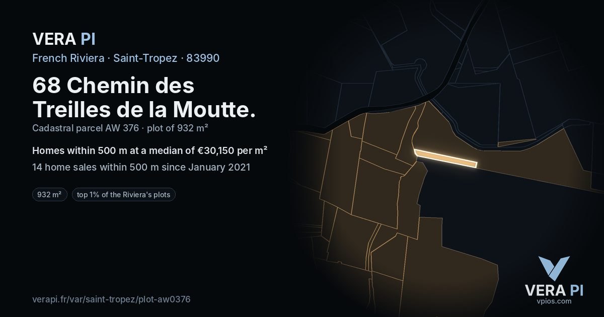 68 Chemin des Treilles de la Moutte, Saint-Tropez at night – the plot lit, the parcels around coloured by the prices near them