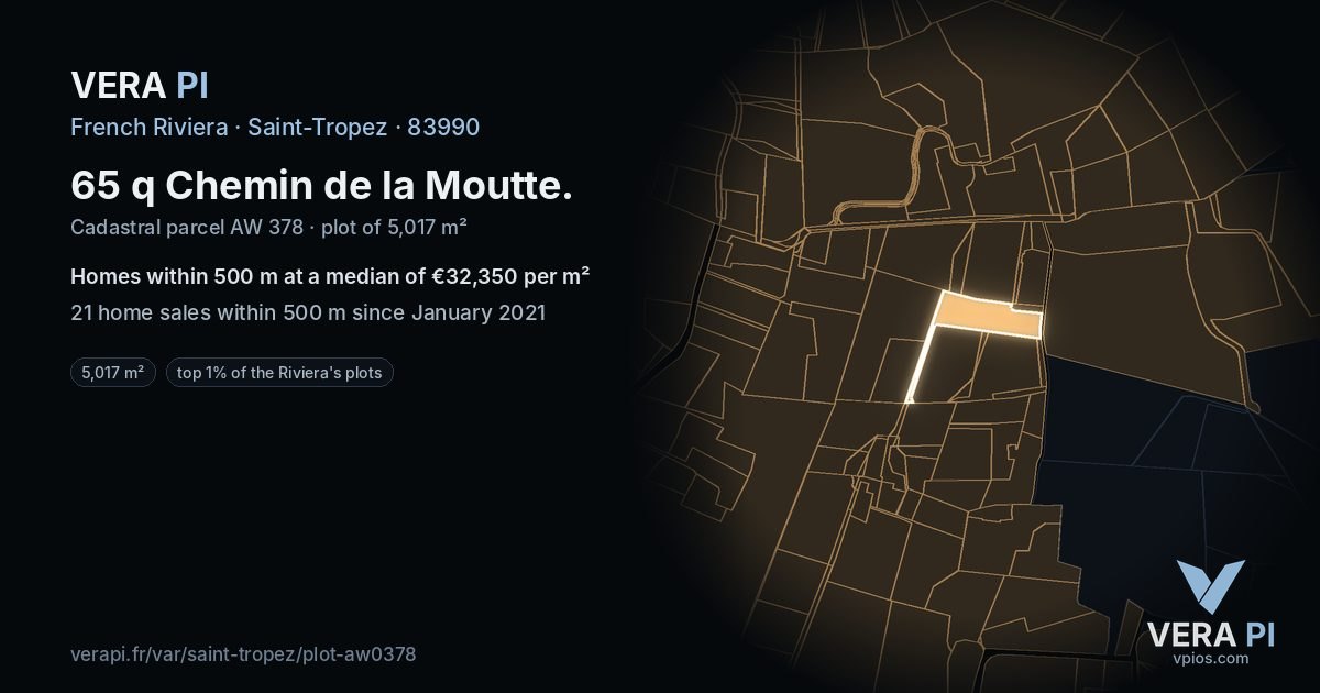 65 q Chemin de la Moutte, Saint-Tropez at night – the plot lit, the parcels around coloured by the prices near them