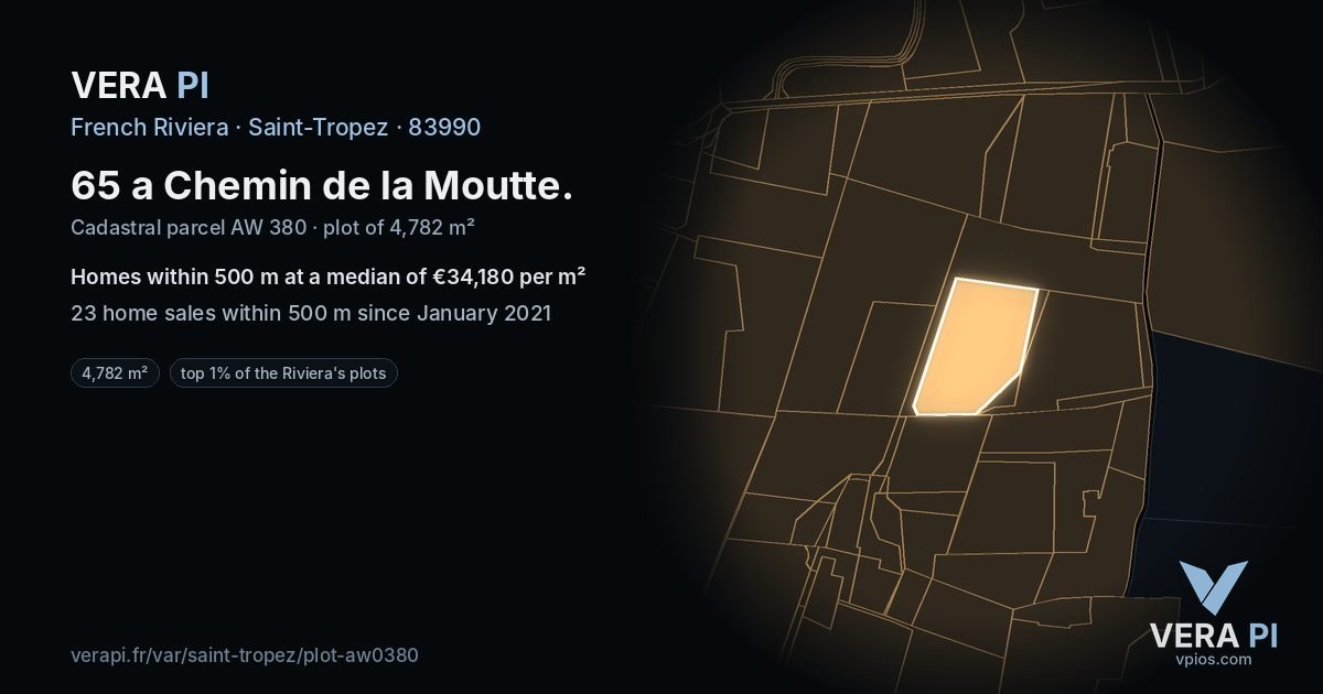 65 a Chemin de la Moutte, Saint-Tropez at night – the plot lit, the parcels around coloured by the prices near them