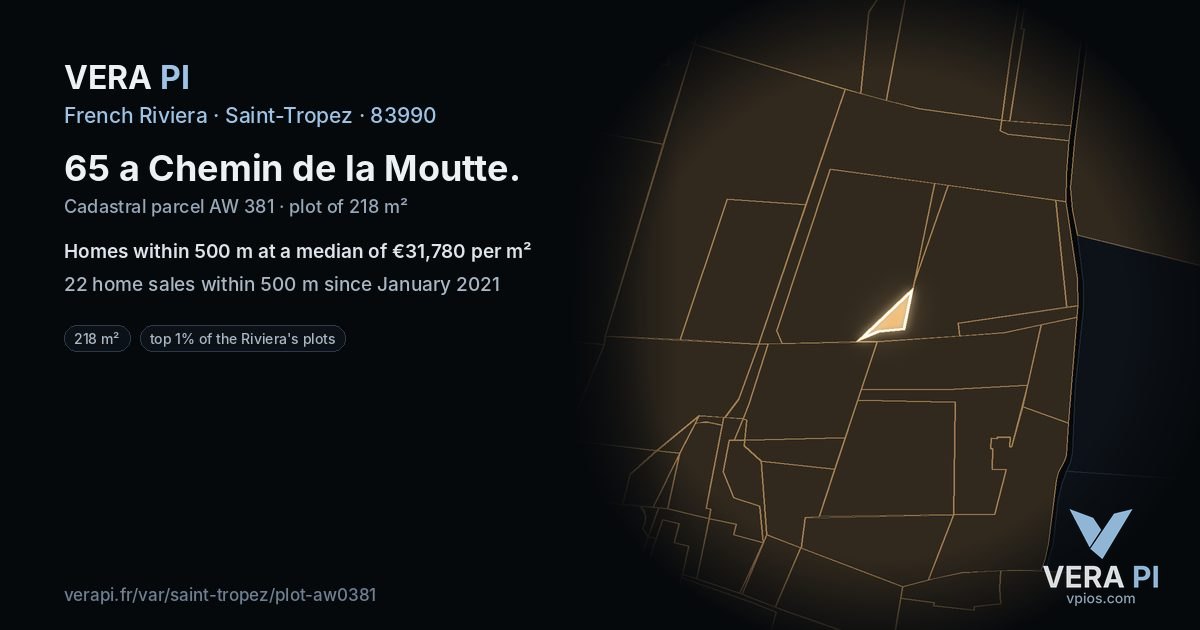 65 a Chemin de la Moutte, Saint-Tropez at night – the plot lit, the parcels around coloured by the prices near them