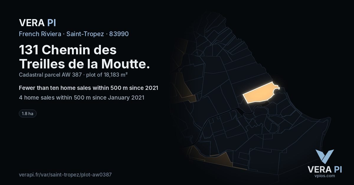 131 Chemin des Treilles de la Moutte, Saint-Tropez at night – the plot lit, the parcels around coloured by the prices near them