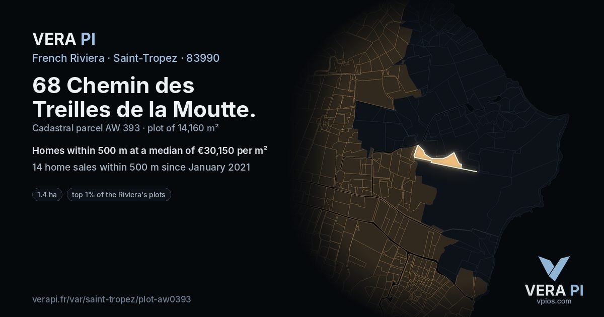 68 Chemin des Treilles de la Moutte, Saint-Tropez at night – the plot lit, the parcels around coloured by the prices near them