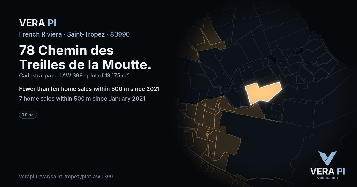78 Chemin des Treilles de la Moutte, Saint-Tropez at night – the plot lit, the parcels around coloured by the prices near them