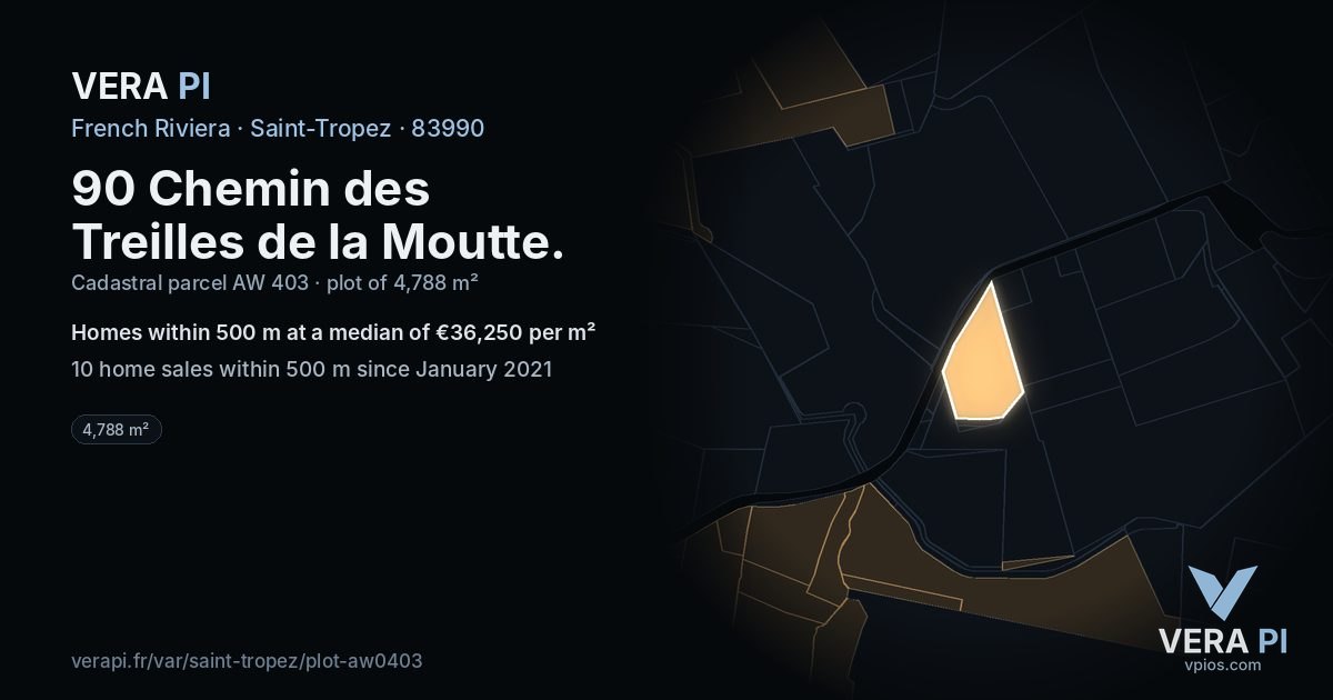 90 Chemin des Treilles de la Moutte, Saint-Tropez at night – the plot lit, the parcels around coloured by the prices near them