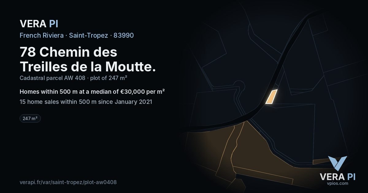 78 Chemin des Treilles de la Moutte, Saint-Tropez at night – the plot lit, the parcels around coloured by the prices near them