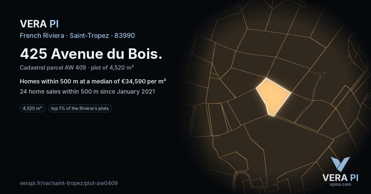 425 Avenue du Bois, Saint-Tropez at night – the plot lit, the parcels around coloured by the prices near them