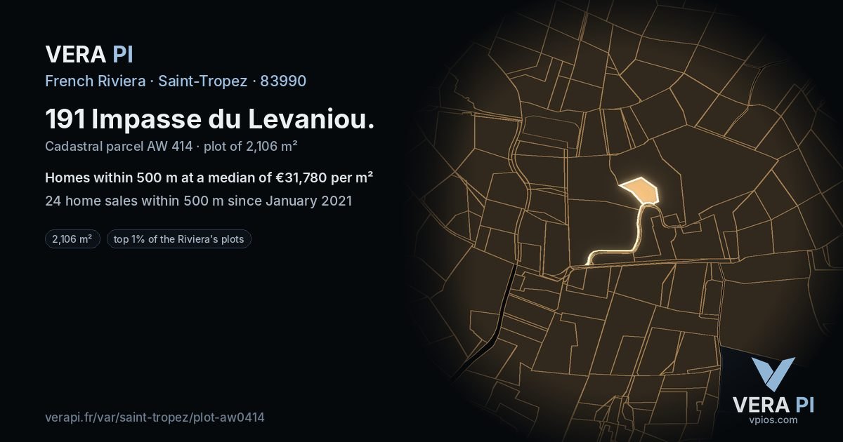191 Impasse du Levaniou, Saint-Tropez at night – the plot lit, the parcels around coloured by the prices near them