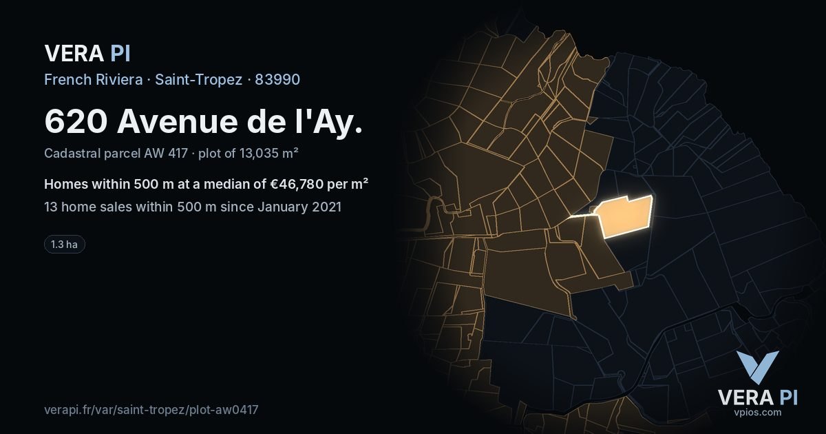 620 Avenue de l'Ay, Saint-Tropez at night – the plot lit, the parcels around coloured by the prices near them