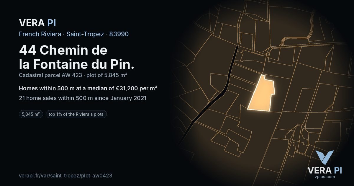 44 Chemin de la Fontaine du Pin, Saint-Tropez at night – the plot lit, the parcels around coloured by the prices near them