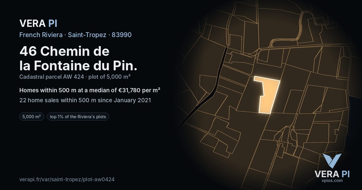 46 Chemin de la Fontaine du Pin, Saint-Tropez at night – the plot lit, the parcels around coloured by the prices near them