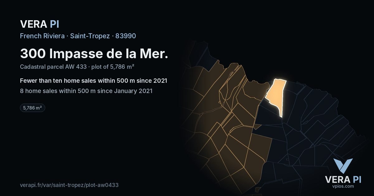 300 Impasse de la Mer, Saint-Tropez at night – the plot lit, the parcels around coloured by the prices near them