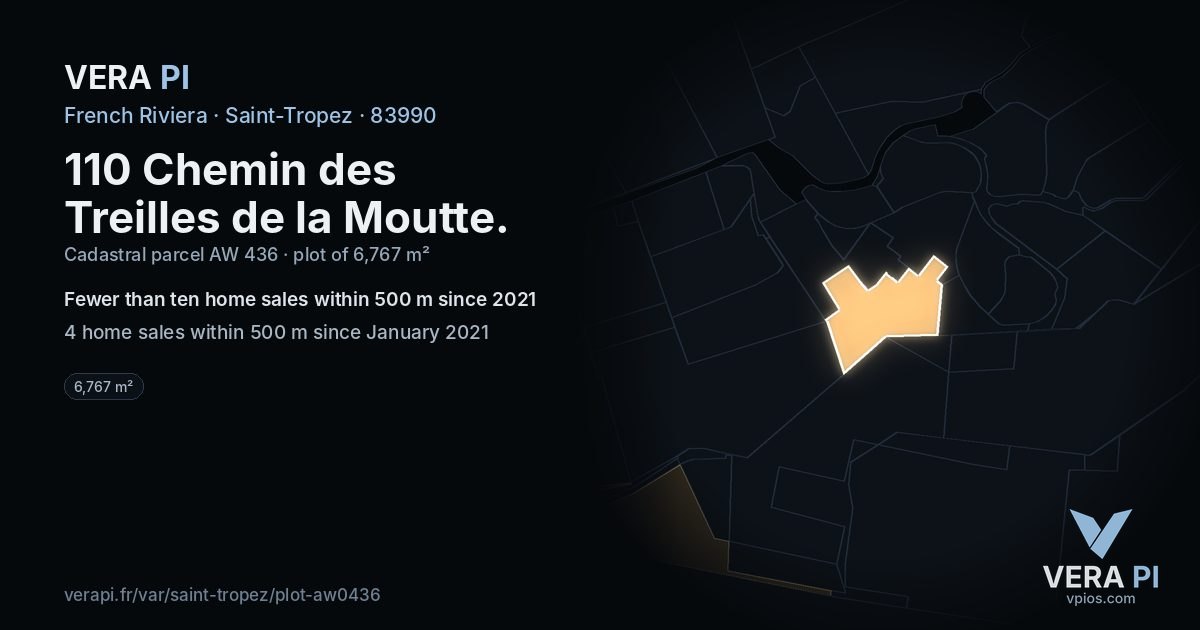 110 Chemin des Treilles de la Moutte, Saint-Tropez at night – the plot lit, the parcels around coloured by the prices near them