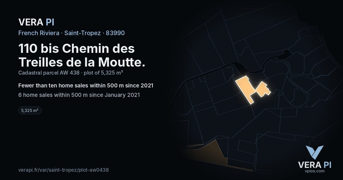 110 bis Chemin des Treilles de la Moutte, Saint-Tropez at night – the plot lit, the parcels around coloured by the prices near them