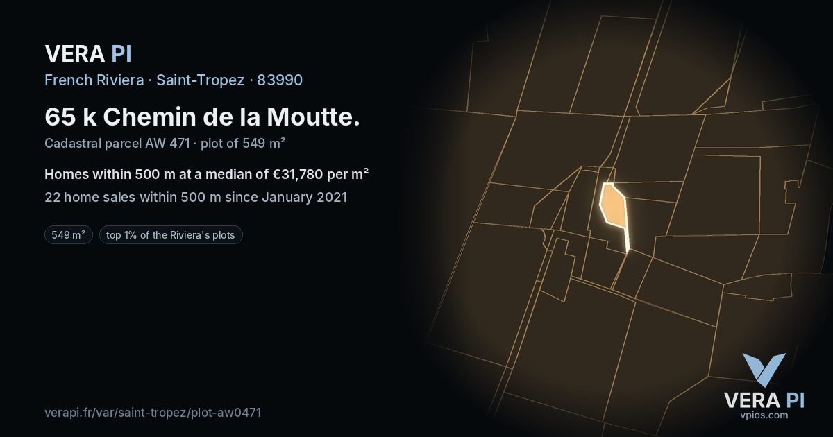 65 k Chemin de la Moutte, Saint-Tropez at night – the plot lit, the parcels around coloured by the prices near them