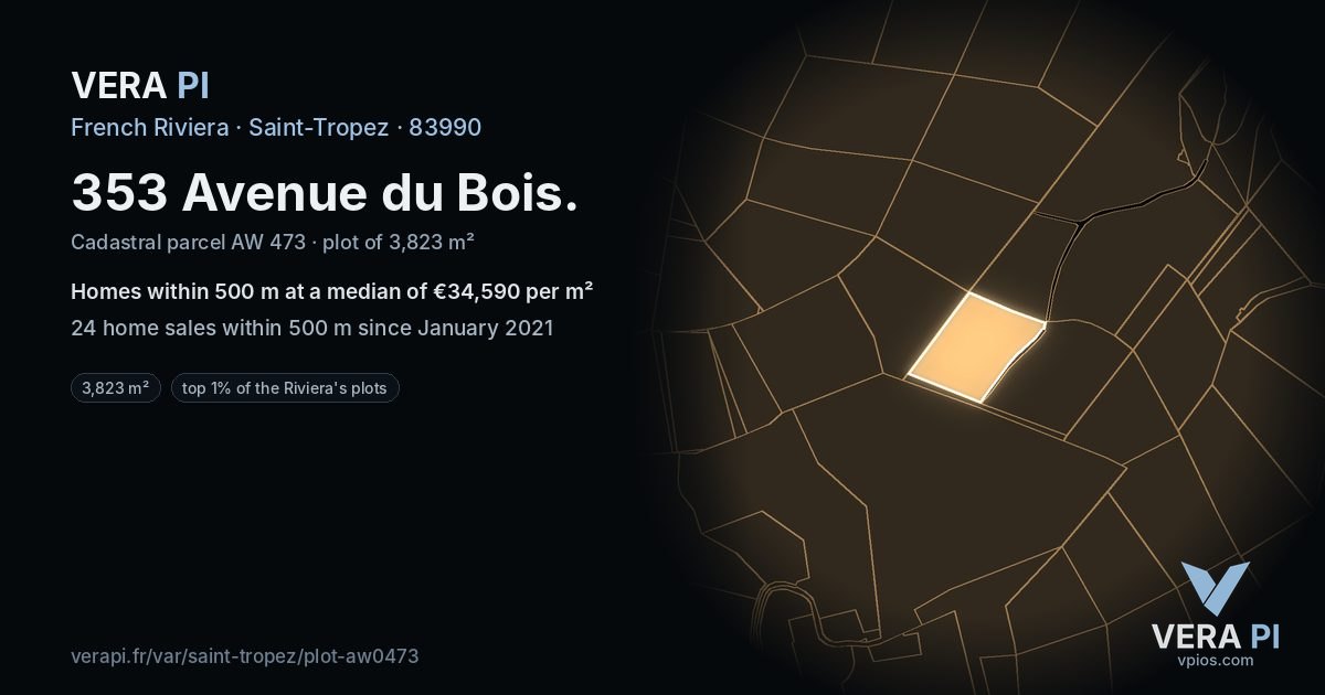 353 Avenue du Bois, Saint-Tropez at night – the plot lit, the parcels around coloured by the prices near them